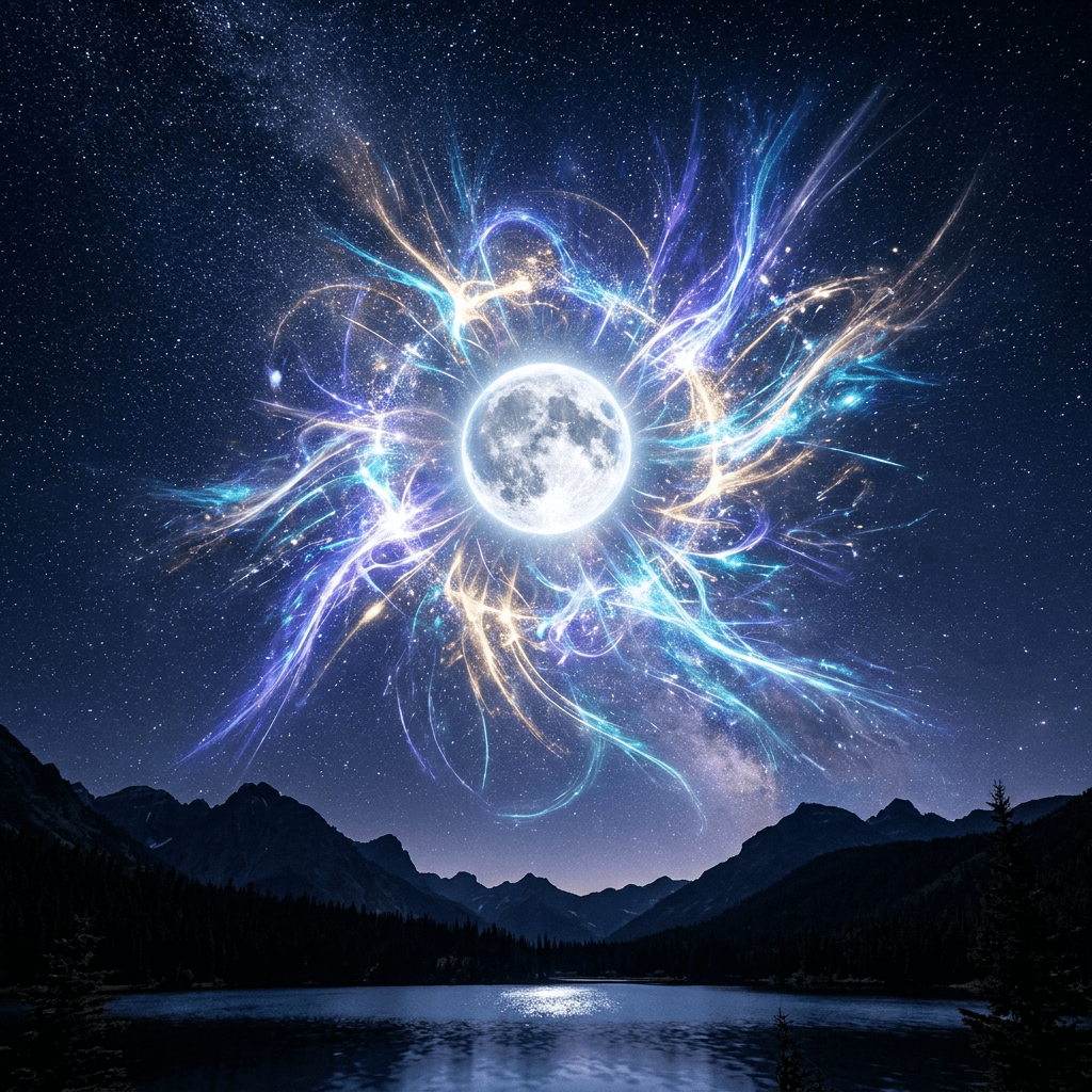 Full moon emitting vibrant multicolored cosmic energy streams in starry night sky above mountain lake